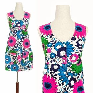 1960s Vintage Mini Dress 60s Flower Power Mod Shift Floral Babydoll XS Pockets